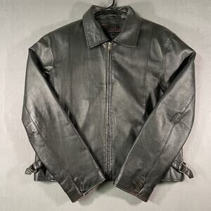 Phase Two Black Leather Jacket Men’s L Y2K Minimalist Zip Front Moto
